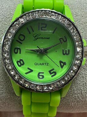 Geneva lime green Quartz Movement watch with silicone band and rhinestone bezel.